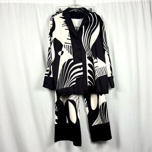 Two Piece Black And Cream Long Sleeve Pantsuit with Abstract Print